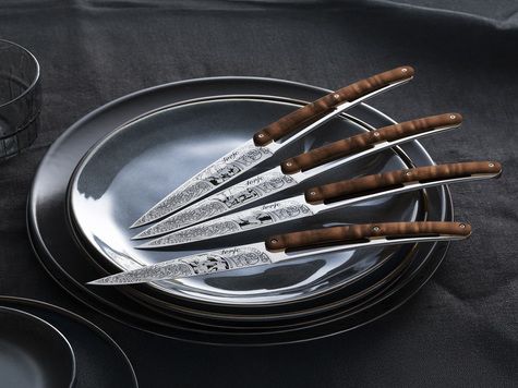 6 Deejo Tafelmesser Prestige, Walnussholz / Jagd