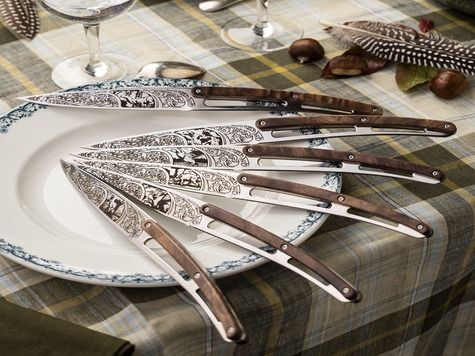 6 Deejo Tafelmesser Prestige, Walnussholz / Jagd