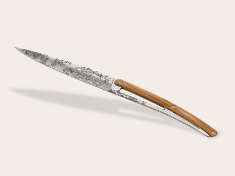 6 Deejo Tafelmesser Prestige, Olivenholz / Toile de Jouy