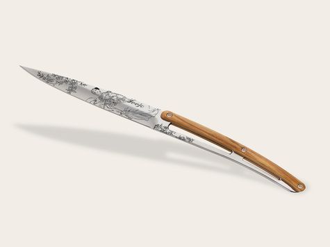 6 Deejo Tafelmesser Prestige, Olivenholz / Toile de Jouy