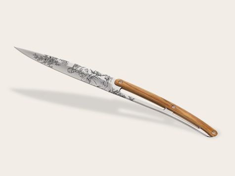 6 Deejo Tafelmesser Prestige, Olivenholz / Toile de Jouy