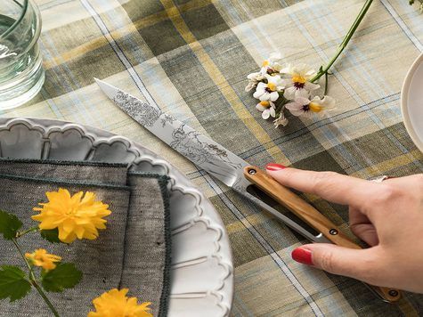 6 Deejo Tafelmesser Prestige, Olivenholz / Toile de Jouy