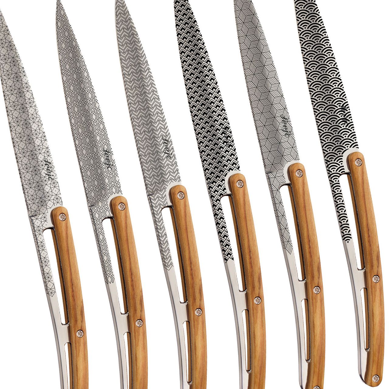 Set mit 6 DeejoSteakmesser hochglanzpoliert, Olivenholz, Geometrie Wood Deejo table...